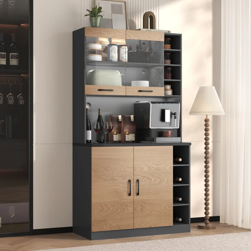 Ball & Cast Kitchen Tall Cabinet, Pantry with LED Lighting, Wooden Kitchen Cupboard, Large Space for Microwave, Freestanding, Height-Adjustable Side Storage Shelves, Natural, 100x47x187 cm - Image 1