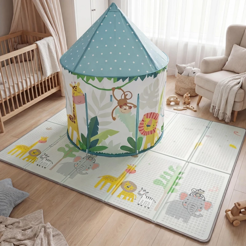 Kids Jungle Play Tent and Play Mat Set, Double Sided, Thick Foam, Antislip and Waterproof Play Mat & Matching Immersive Polyester Play Tent - Image 1