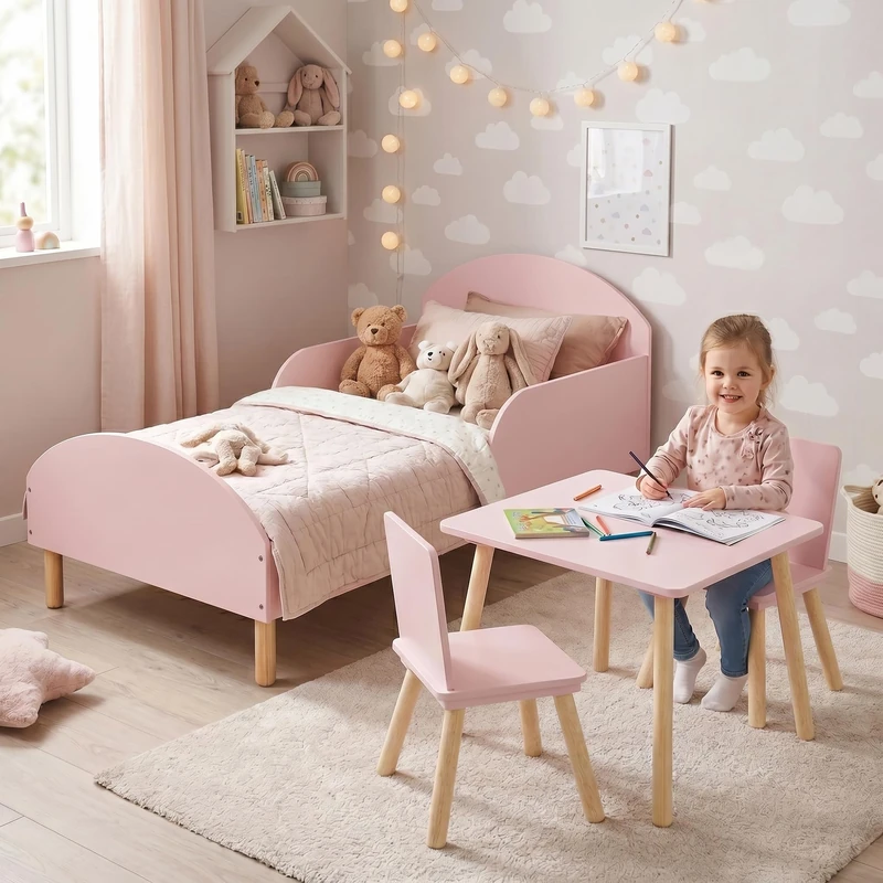 Toddler Bed and Table and Two Chairs Set, Pink, Children's Bedroom Furniture Set, Wooden