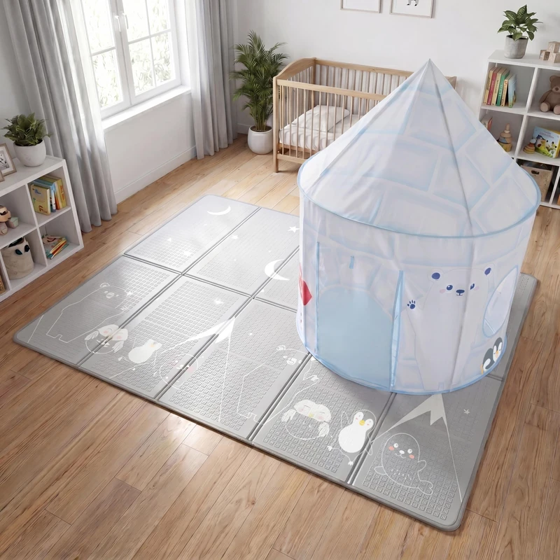 Kids Arctic Play Tent and Play Mat Set, Double Sided, Thick Foam, Antislip and Waterproof Play Mat & Matching Immersive Polyester Play Tent - Image 1