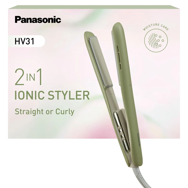 Panasonic EH-HV31-G511 2-in-1 Ionic Hair Styler, Hair Straightener and Curler, 5 Heat Settings to 210°C, 3D Floating Plates, Travel Lock, Auto Voltage, Matcha Green - Image 1
