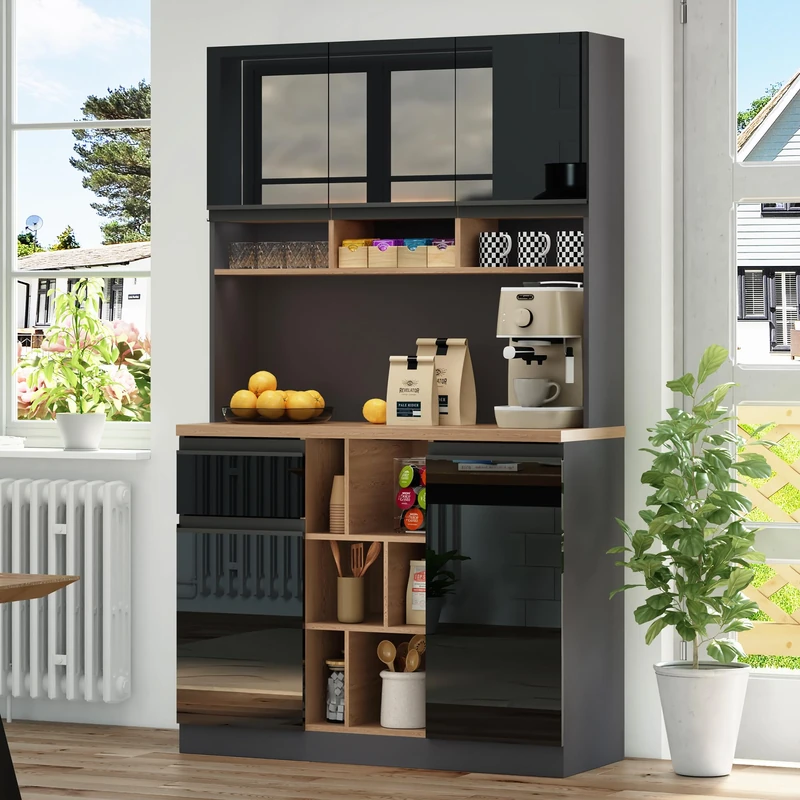 Ball & Cast Kitchen Cupboard, Tall Kitchen Cabinet, Buffet Sideboard, with High-Gloss Doors, Adjustable Shelves, Drawers & Open Storage, Tip-Over Protection, for Dining Room, Black, 105x45x185 cm - Image 1