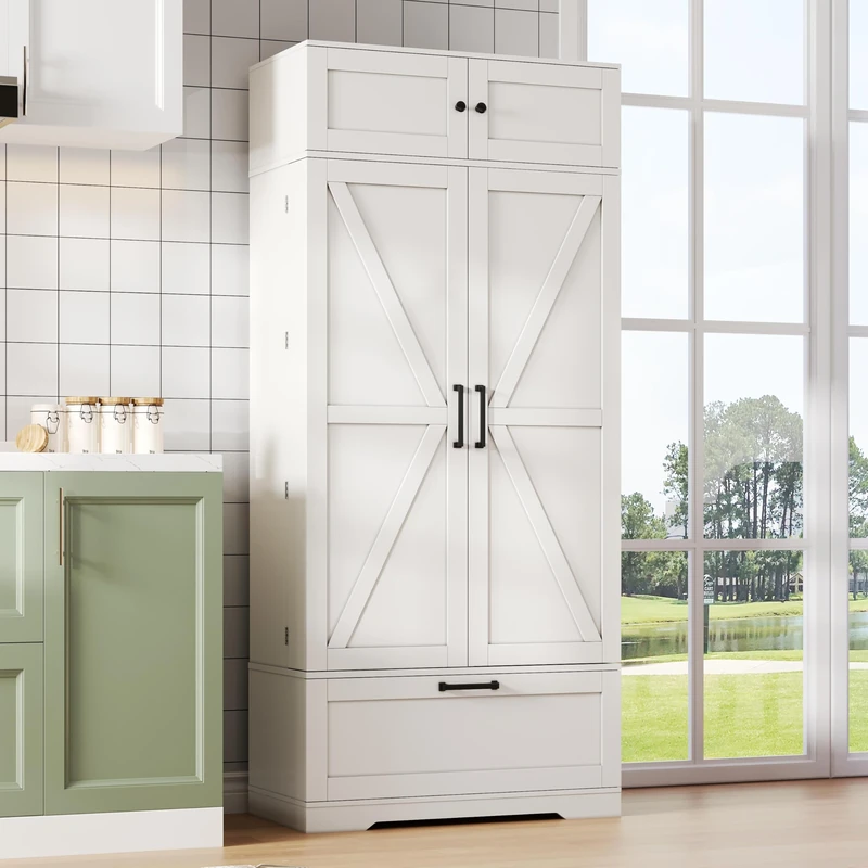 Ball & CastKitchen Pantry Cupboard, Tall Storage Cabinet with 2 Barn Doors and 2 Drawers, Larder Cupboard with Adjustable Shelf, Free Standing Kitchen Units, White, Modern