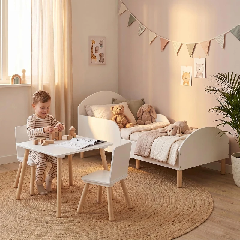 Toddler Bed and Table and Two Chairs Set, White, Children's Bedroom Furniture Set, Wooden