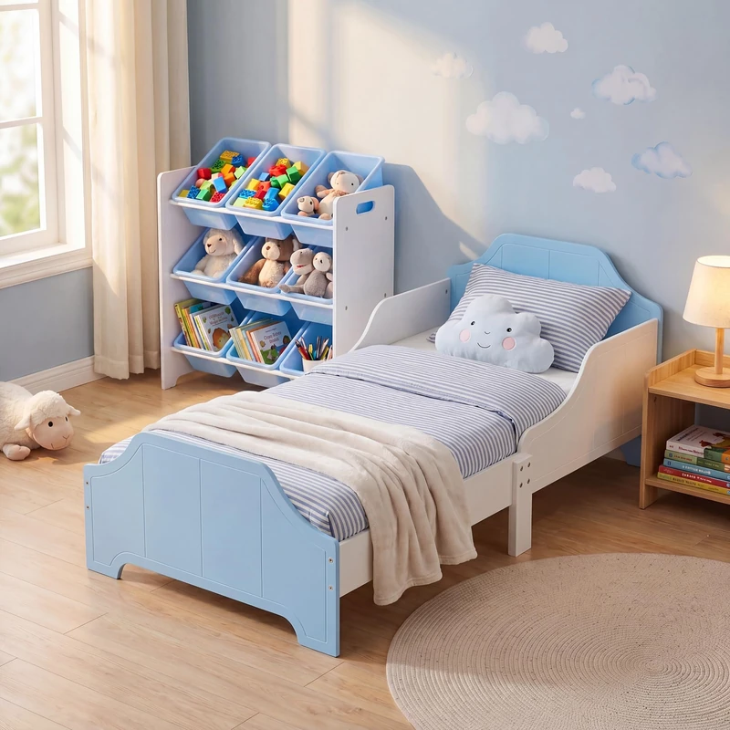 Two Tone Toddler Bed and 9 Bin Storage Unit Set, White & Blue, Children's Bedroom Furniture Set, Wooden