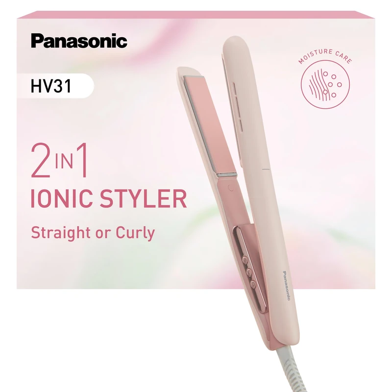 Panasonic EH-HV31-P511 2-in-1 Ionic Hair Styler, Hair Straightener and Curler, 5 Heat Settings to 210°C, 3D Floating Plates, Travel Lock, Auto Voltage, Strawberry Pink - Image 1
