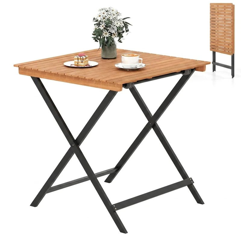 GiantexUK Outdoor Dining Table, 70cm Folding Garden Table with Slatted Tabletop, Acacia Wood Square Bistro Coffee Tables for Patio Balcony Poolside