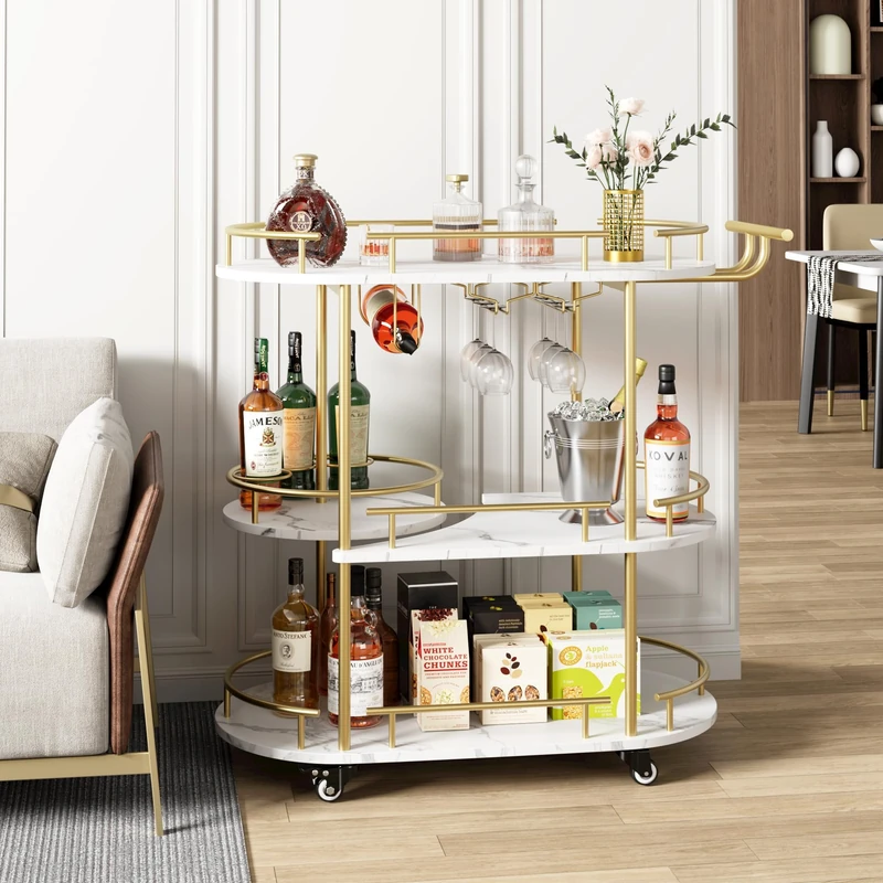 Bar Trolley on Wheels, 3 Tier Wine Trolley with 2 Glass Holders and Wine Racks, Marble Wood Shelf, Metal Carde, Modern Mobile Service Trolley for Kitchen, Dining Room, Living Room, Bar