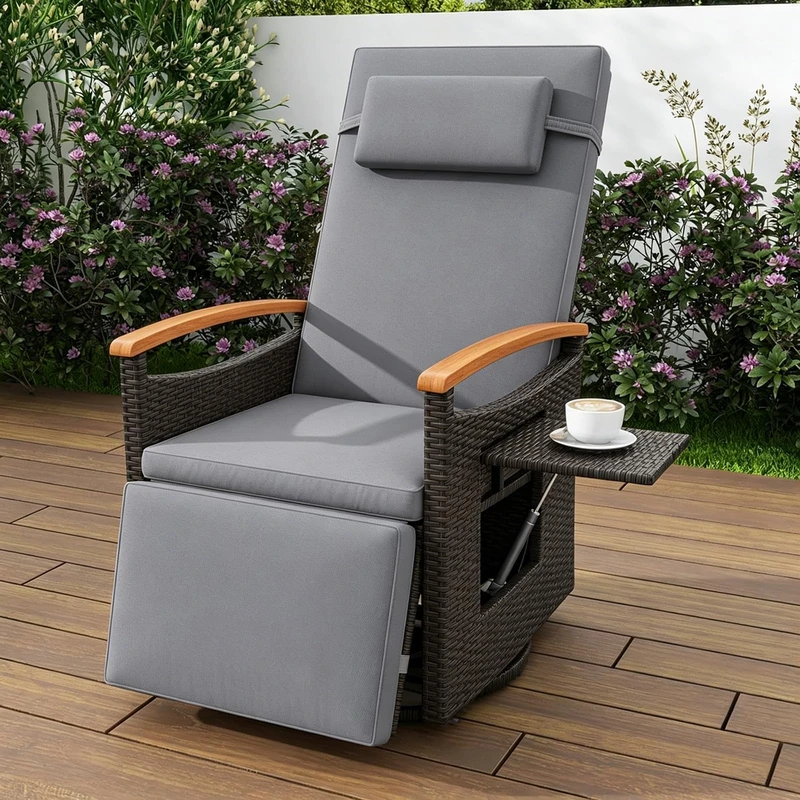 RELAX4LIFE Outdoor PE Rattan Recliner Chair, 360° Swivel Patio Reclining Lounge Chair with Adjustable Backrest & Footrest, Flip Side Table and Cushions, Garden Sun Lounger for Porch Balcony (Grey)