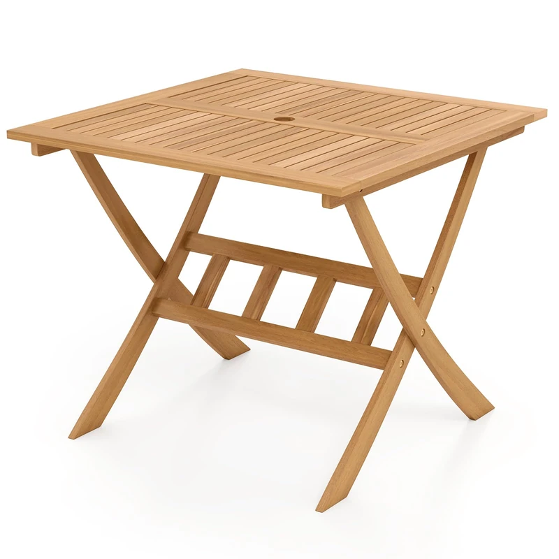 GiantexUK Outdoor Folding Dining Table, 90cm Square Acacia Wood Table with Slatted Top & Umbrella Hole, Patio Bistro Furniture for Garden Balcony Poolside