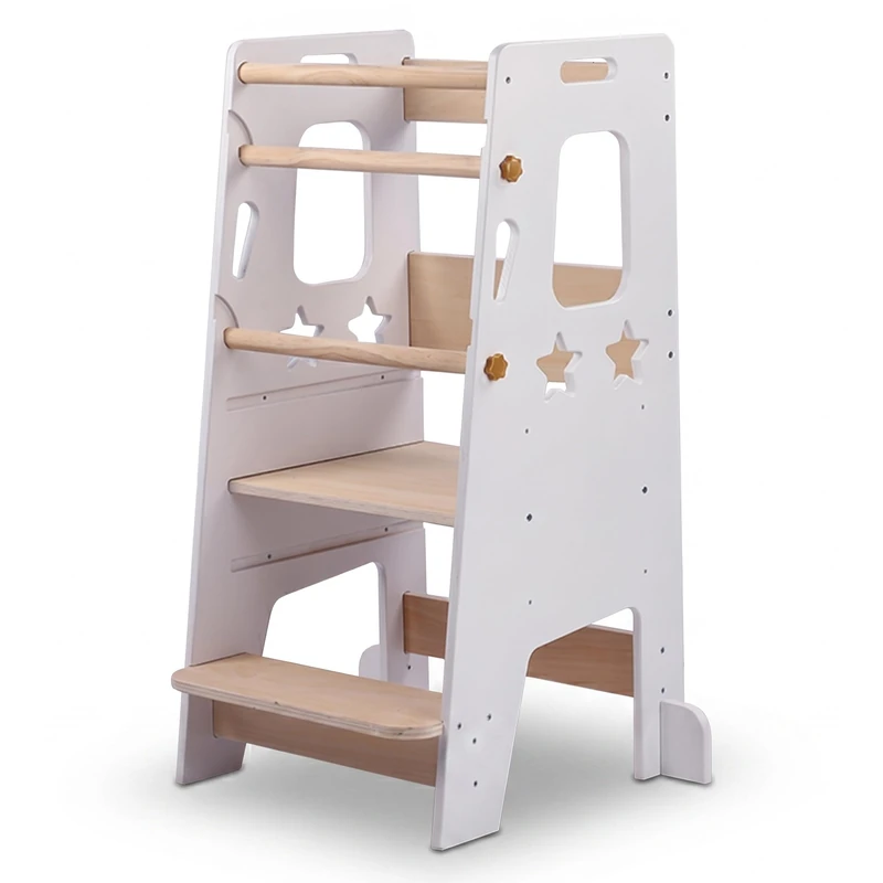 Relaxdays Learning Tower Stars, adjustable height, anti-tip, HWD 90 x 44 x 44 cm, toddler step, white/natural