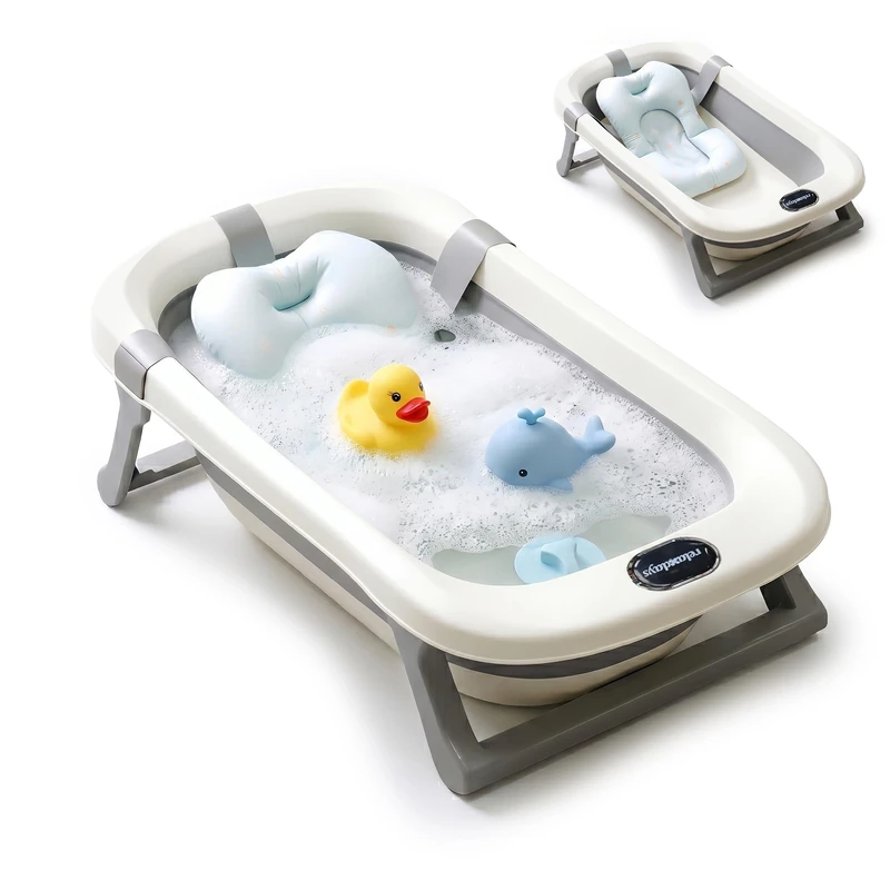 Relaxdays Foldable Baby Bath with Soft Cushion, up to 30 kg, HWD: 20x78x50 cm, PP, Cream/Grey