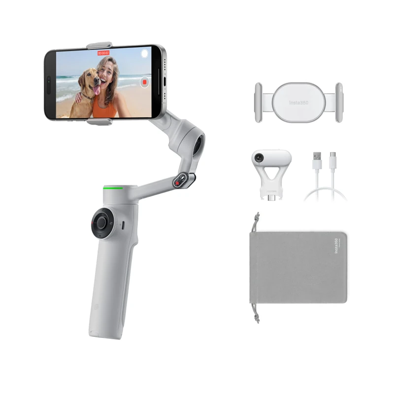 Insta360 Flow 2 Pro AI Tracker Bundle (Stone Grey) – Foldable AI Smartphone Gimbal with AI Tracker, Multi-Person Tracking & 360° Infinite Pan Tracking