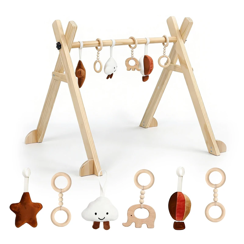 Relaxdays Wooden Play Arch, 6 Removable Toys, H x W x D: 55 x 68 x 59.5 cm, Promotes Motor Skills, Baby Gym, Natural