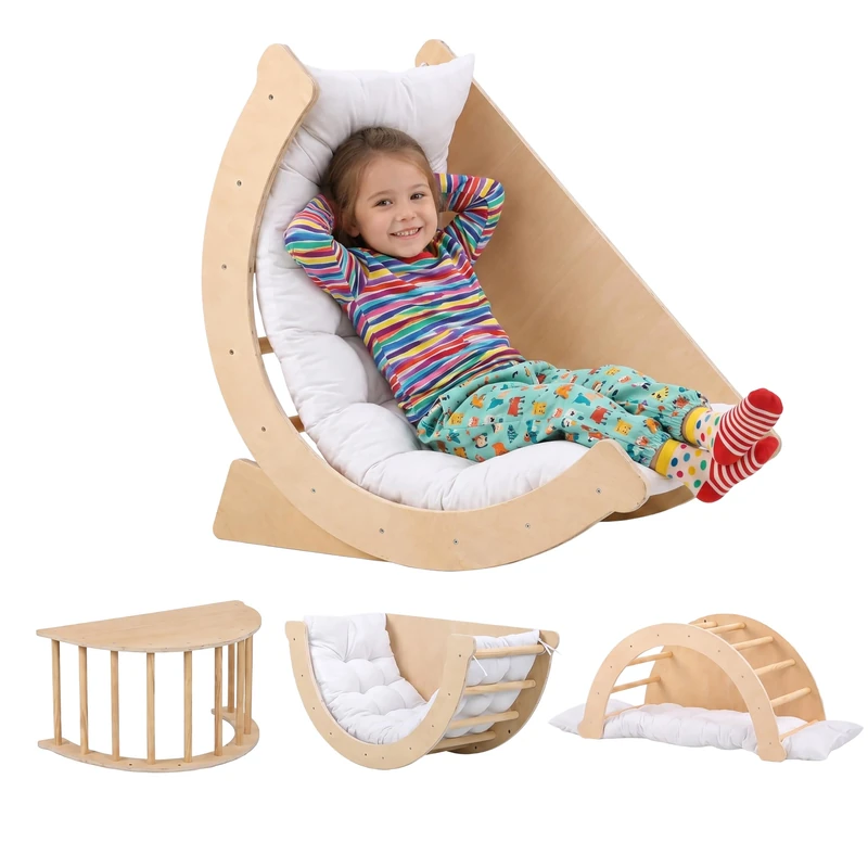 Relaxdays wooden climbing rocker for children, from 18 months, cushion, 50 kg, HxWxD 44.5 x 80 x 40 cm, natural/white - Image 1