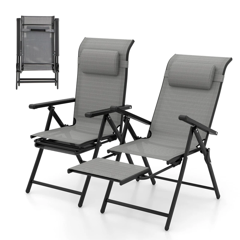 RELAX4LIFE Folding Sun Lounger, Patio Chaise Lounge Chair with 10-Position Adjustable Backrests & Armrests, Headrest & Retractable Footrest, Outdoor Recliner Deck Chair for Backyard Poolside Beach (2)