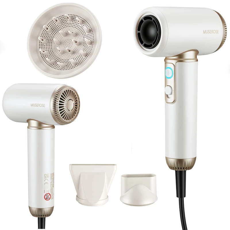 Muse & Rose High Speed Hair Dryer, Negative Ion Hair Dryer with Cool Shot Function, 4 Heat Modes, Lightweight Blow Dryer with Auto-Clean System & Safety Protection