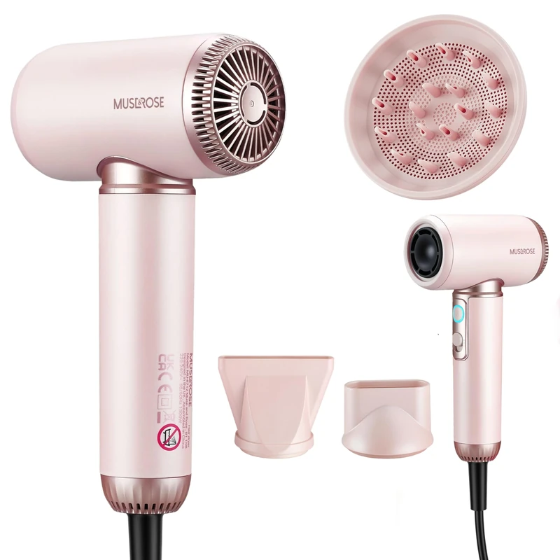 Muse & Rose Ionic Hair Dryer, High-Speed Blow Dryer with Negative Ion Technology, Cool Shot Function, 4 Heat Settings, Lightweight Design & Auto-Clean Feature