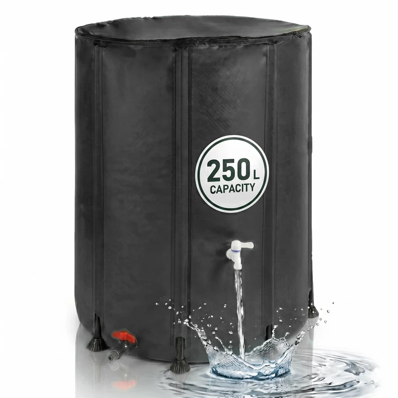 Relaxdays Foldable Rain Barrel, 250L, Garden & Balcony, 2 taps, black