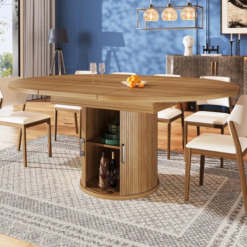 FAVSH Extendable Dining Table with Sliding Storage Door,Extendable Table Top Round Dining Table,Extends to Oval,118–158 cm,Seats Up to 6 People,for Small Space,Dining Room,Walnut