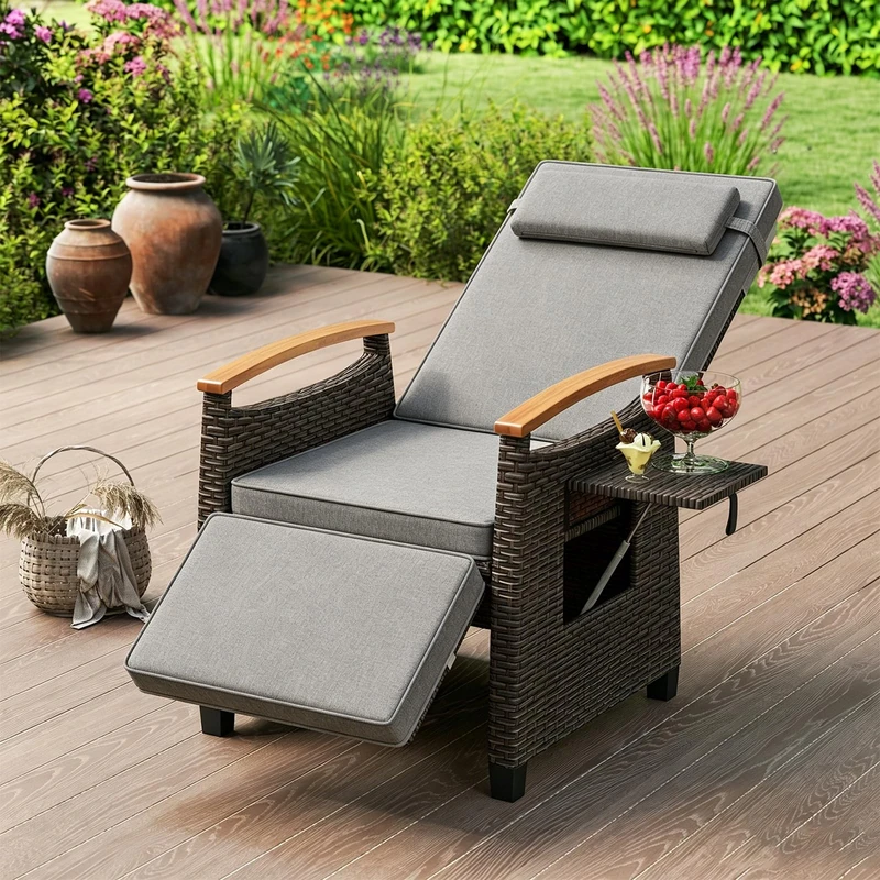 RELAX4LIFE Patio PE Rattan Recliner Chair, Outdoor Wicker Garden Lounger with Cushions & Flip Table, Heavy Duty Metal Frame Rattan Dining Chair Leisure Armchair for Backyard Porch Balcony (Grey)