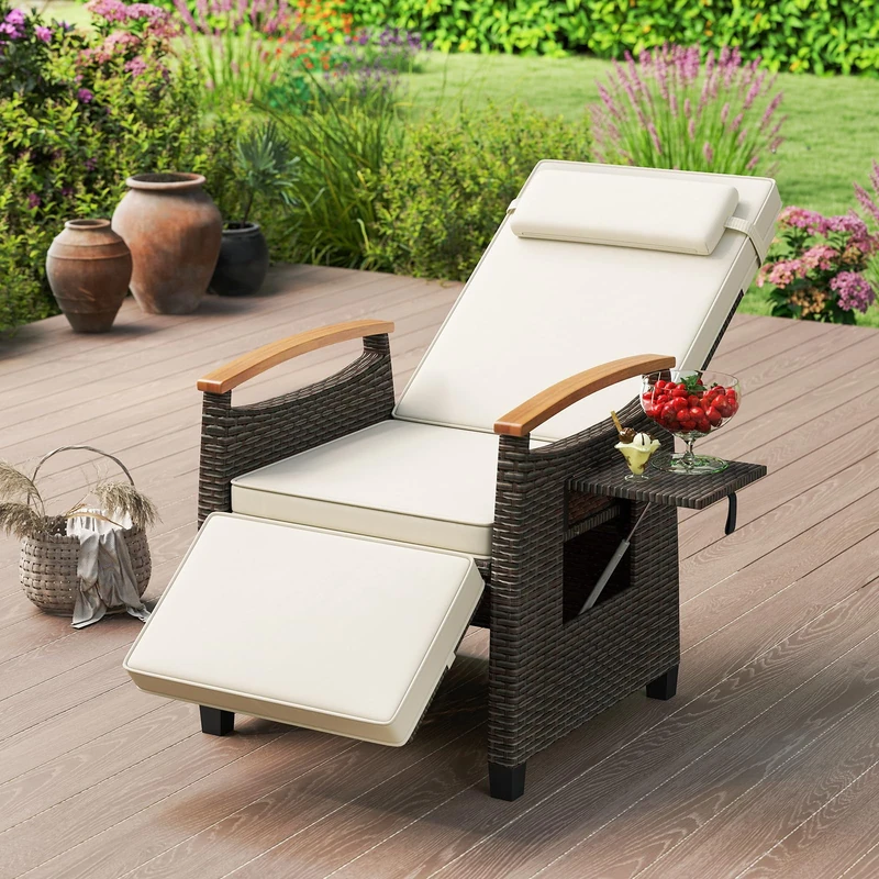 RELAX4LIFE Patio PE Rattan Recliner Chair, Outdoor Wicker Garden Lounger with Cushions & Flip Table, Heavy Duty Metal Frame Rattan Dining Chair Leisure Armchair for Backyard Porch Balcony (White)