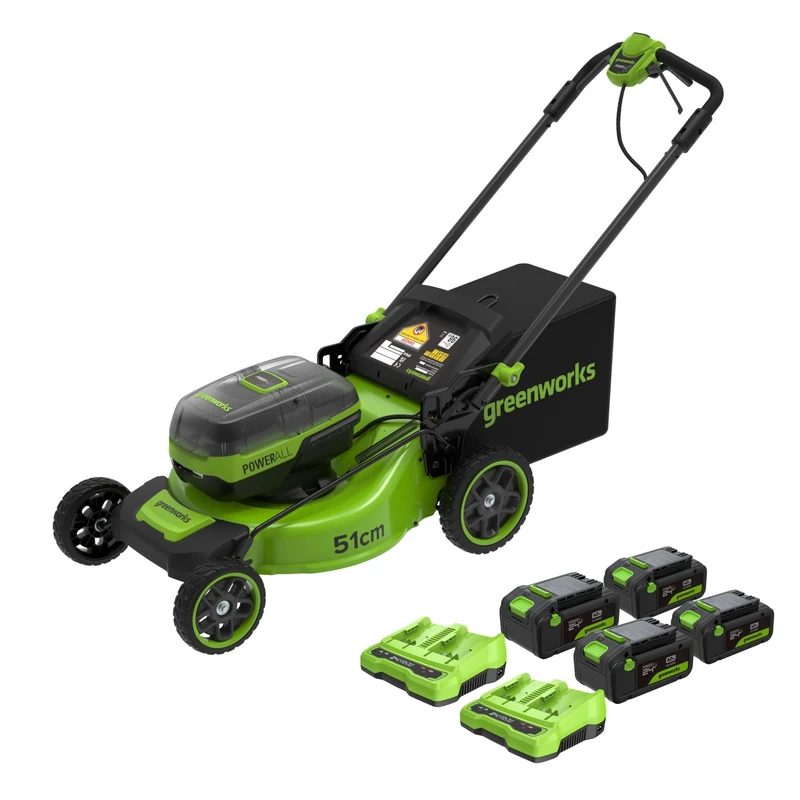 Greenworks 24V x 4 Li-Ion Cordless Self-Propelled Lawnmower, 51cm Cutting Width, up to 1200m², 60L Grass Bag, 7-Pos Central Height Adj. 25-100mm, 4x4Ah Battery & 2xTwincharger, LM5112S