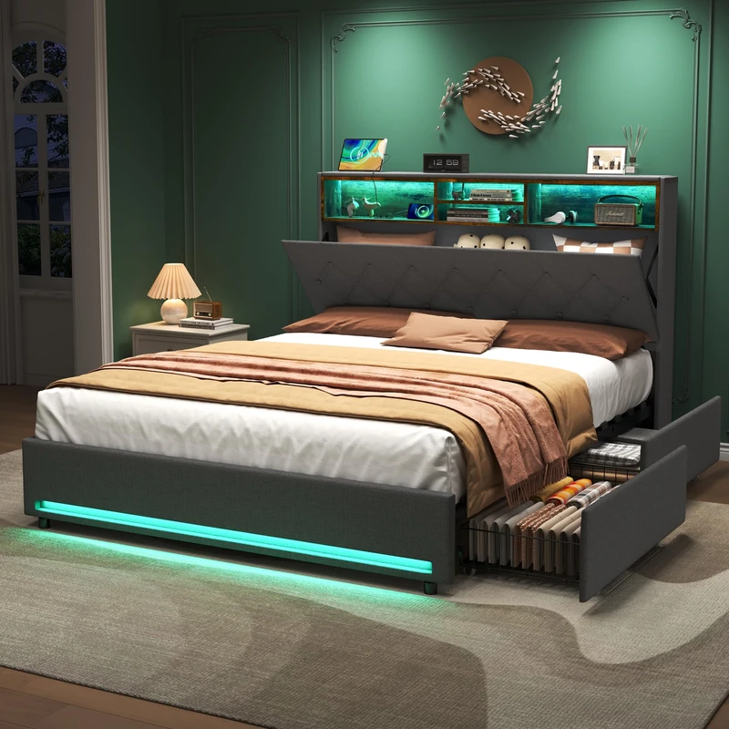 Ball & Cast 4ft6 Double Bed Upholstered Bed Frame 135x190 cm with Storage 4 Drawers, Storage Headboard with LED Lighting and Charging Station, Platform Bed Frame with Slats, No Mattress, Linen Grey