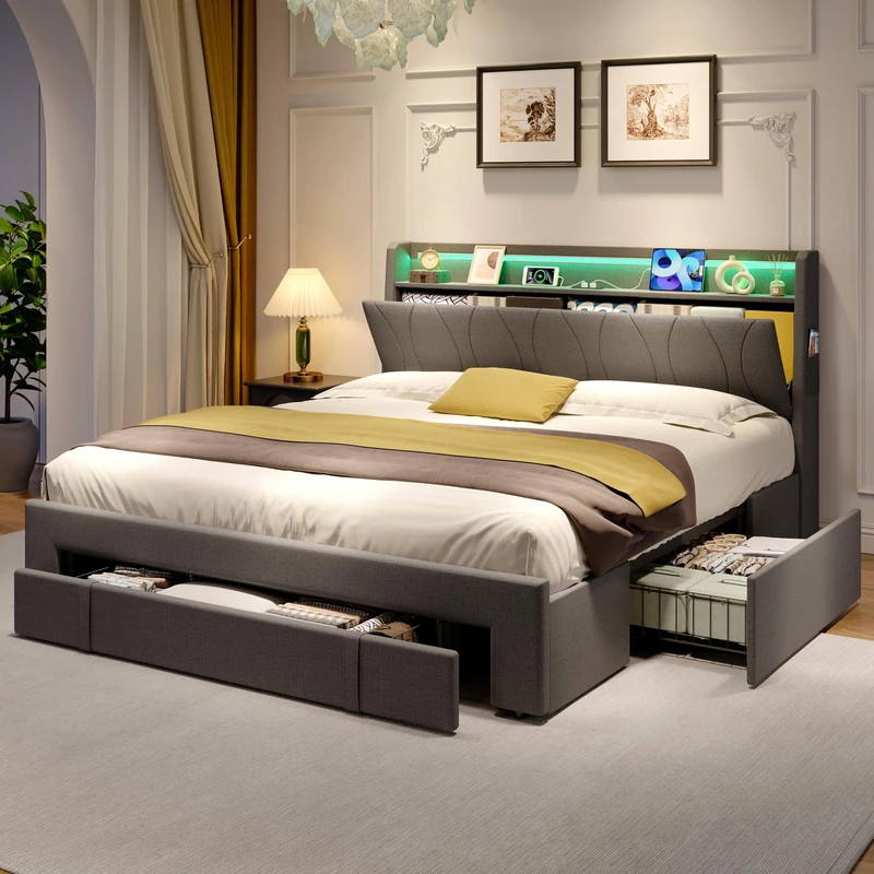 Ball & Cast 4ft6 Double Bed Frame with 3 Storage Drawers, Upholstered Platform Bed with Concealed Storage Headboard, Functional Beds with LED Lighting & Charging Station, Linen, Grey