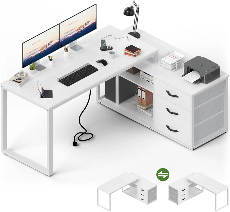 JUMMICO Corner Desk with 3 Drawers, 140 x 105 cm, Folding L-shaped Desk, Equipped with Socket and USB Charging Port, Storage Space, Suitable for Home Office, White