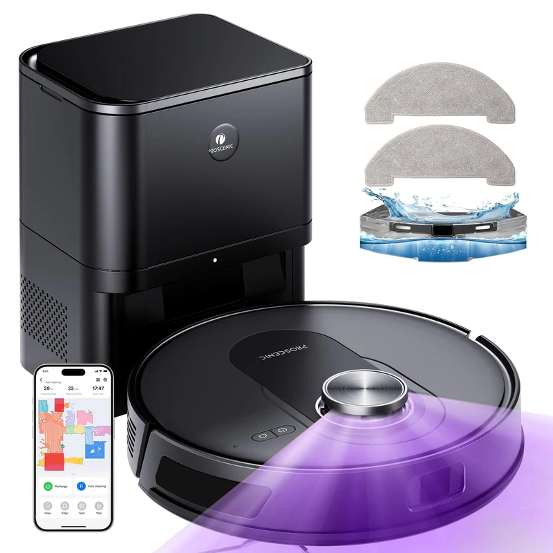 Proscenic Self-Emptying Robot Vacuum Cleaner with Mop, 10000Pa Strong Suction, 200Mins Rountine, Lidar Navigation, Auto-Charging Robotic Vacuums, APP/Remote/Voice Control for Floors, Carpets, Pet Hair