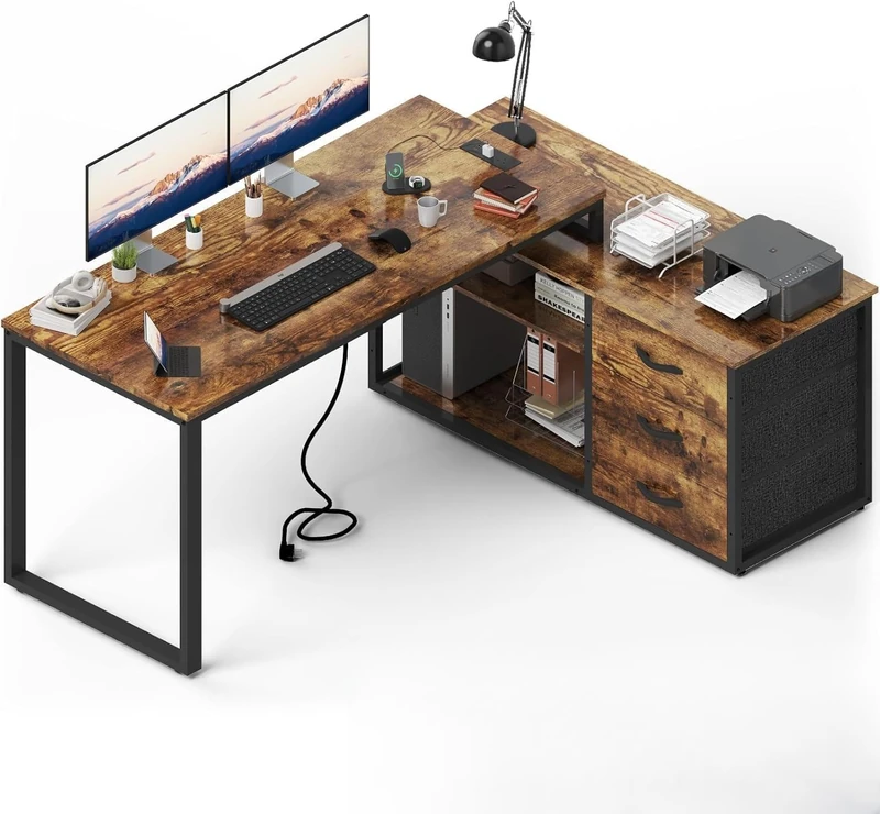 JUMMICO Corner Desk with 3 Drawers, 140 x 105 cm, Folding L-shaped Desk, Equipped with Socket and USB Charging Port, Storage Space, Suitable for Home Office, Vintage Brown