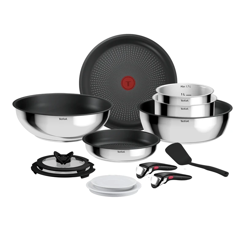 Tefal Ingenio Comfort Max Set of 2 Frying Pans 22/26 cm, Wok 26 cm, 3 Saucepans 16/20/24 cm, Accessories, Stainless Steel, Stackable, Non-Stick Coating, Thermo-Signal, Induction