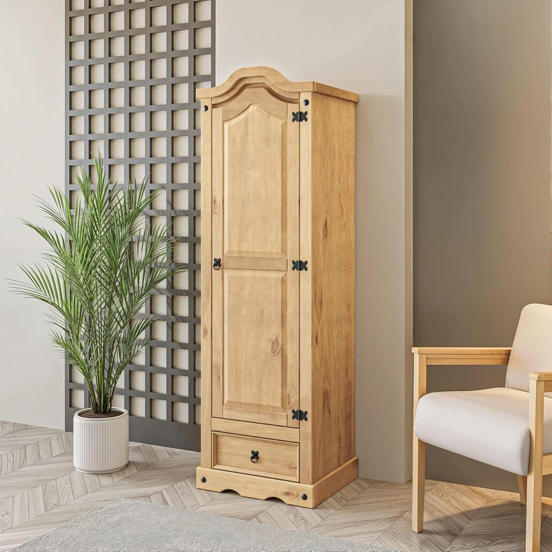 Corona Wardrobe 1 Door 1 Drawer Arch Top Solid Mexican Pine Wood Bedroom Storage 176cm x 55cm x 45cm