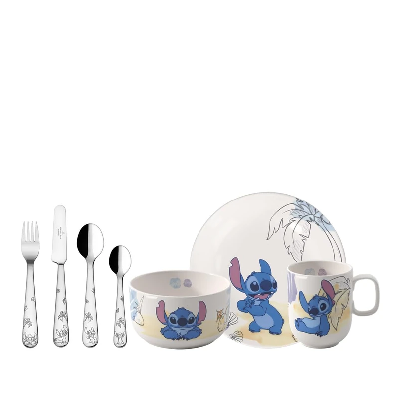 Villeroy & Boch - Disney Stitch Children's Dinnerware Set 7 pcs., Dishwasher Safe, Microwave Safe, Dinnerware and Cutlery for Children, Premium Porcelain
