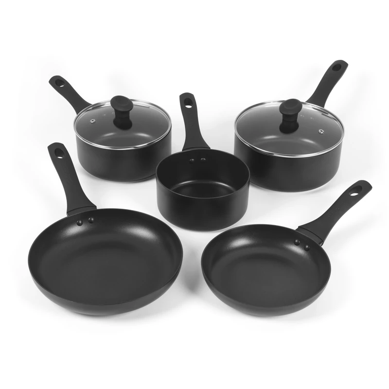 Salter Essentials 5-Piece Pan Set – 16/18/20 cm Saucepans, 20/24 cm Frying Pan, Non-Stick Aluminium, Induction Suitable, Easy to Clean, Tempered Glass Lids with Steam Vent, Soft-Touch Handles, Black - Image 1