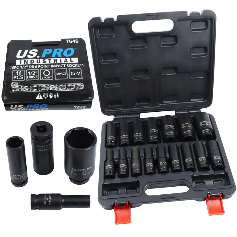 US PRO Industrial 16pc 1/2 Dr 6-Point Deep Impact Socket Set European Style 10-32mm