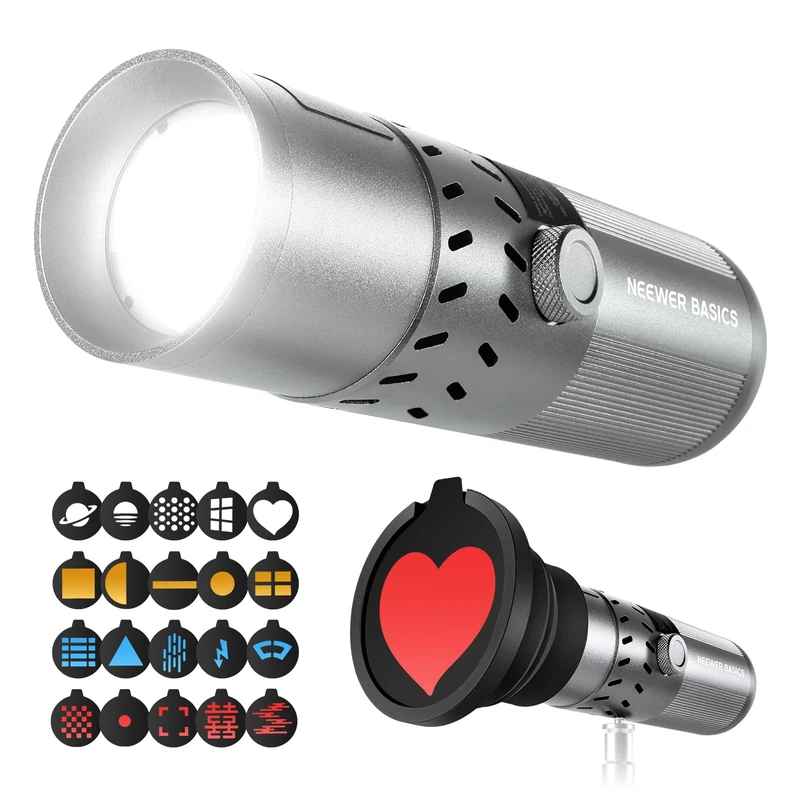NEEWER BASICS 20W RGB Photography Flashlight with 4 Colors/20 Gobo Filters, Built in 49.95Wh Battery, 6300K CRI95+ Portable LED Spotlight Ambient Sunset Light for Video Recording Studio Lighting, FL20