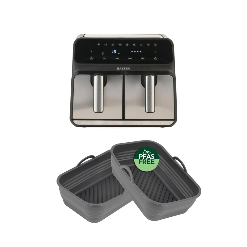 Salter Dual Air Fryer & Baskets – 7.6 L Digital Air Pro, 1700W, Includes 2 Silicone Air Fryer Baskets, Sync & Match, Oil Free, Touch Display, 10 Functions, 60 Min Timer, Non-Stick, Stainless Steel