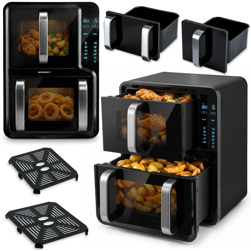 Berdsen Hot Air Fryer with Hot Air - 12 L - Vertical Double Chamber 5 L + 7 L, 2800 W - 8 Programmes - Touchscreen - LED Viewing Window - Baking, Grilling and Drying - Black - Image 1