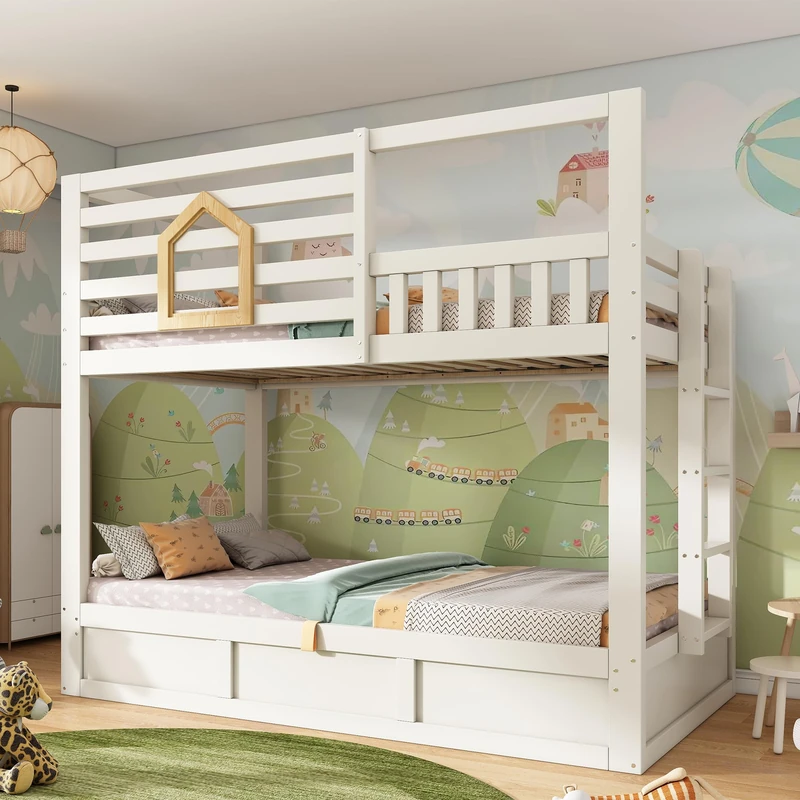 Ball & Cast Double Bunk Bed,Children's Twin sleeper Bunk beds,with Ladder&under Hydraulic Storage&wooden window design&Fall Protection and Railings, White&Natural(90+90) x190cm