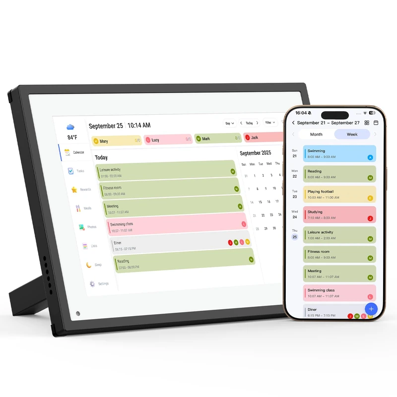 10.1 Inch Digital Family Planner Smart Frame with App Sync - Intuitive Desk Calendar (1280 x 800), Dual WiFi (2.4/5GHz), Electronic Photo Frame & Meal Planner for Family and Seniors, Black