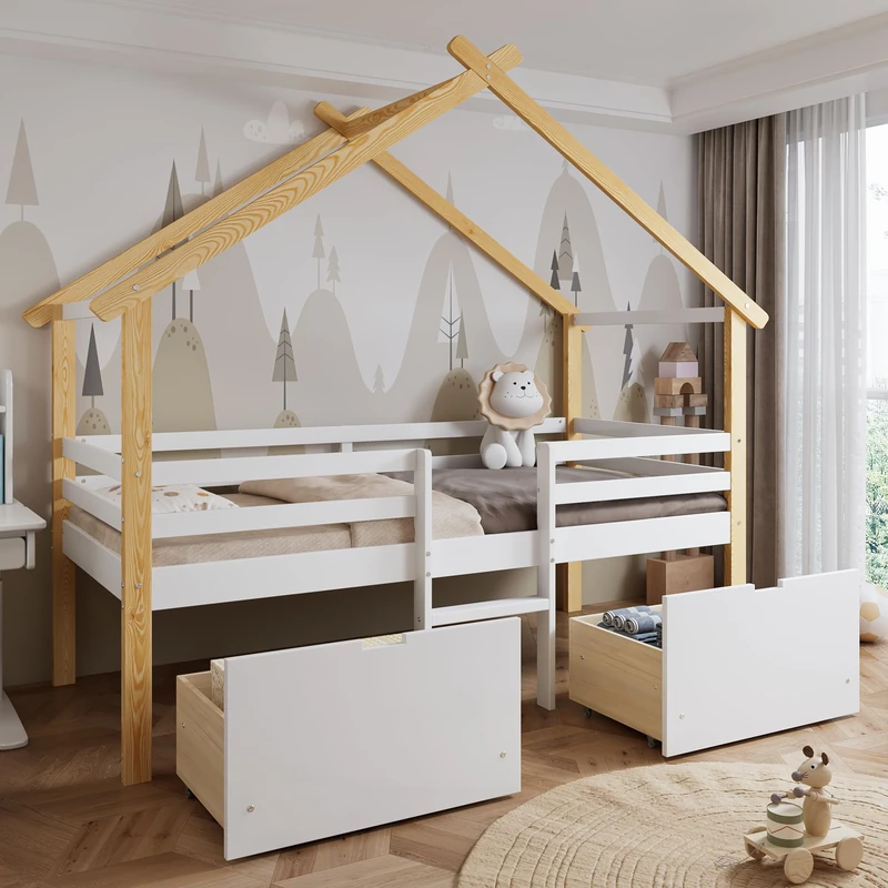 Ball & Cast Wooden Kids Bed with 2 Drawers, 3FT-90x190cm Children's Bed with Imitation Roof Shape and Safety Guardrail,White+Natural, No Mattress - Image 1