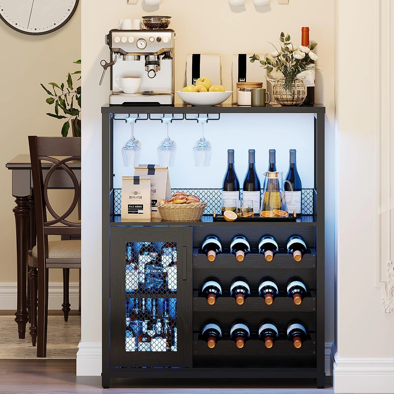 Adjustable LED Wooden Wine Cabinet, Wine Bar Cabinet with 3 Glass Holders, Adjustable 12 Bottle Lockers, Worktop, Metal Grid Door, 2 Storage Shelves for Living Room, Kitchen, Dining Room