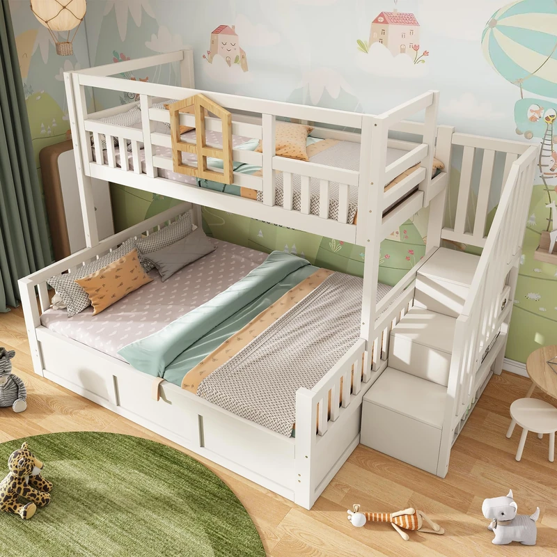 Ball & Cast Bunk Bed for Kids, Triple Sleeper Bed Frame with Storage Drawers & Storage Stair, Triple Bunk Beds for Family with Multiple Children, 90+135x190cm, White, (No Mattress)