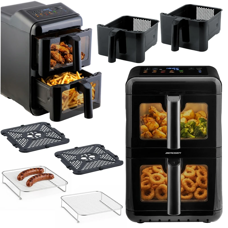 Berdsen Hot Air Fryer Airfryer - 11.6 L - Double Chamber Vertical 2 x 5.8 L - 3000 W, 9 Programmes, Touchscreen and LED Viewing Window - Baking, Grilling and Drying - Black