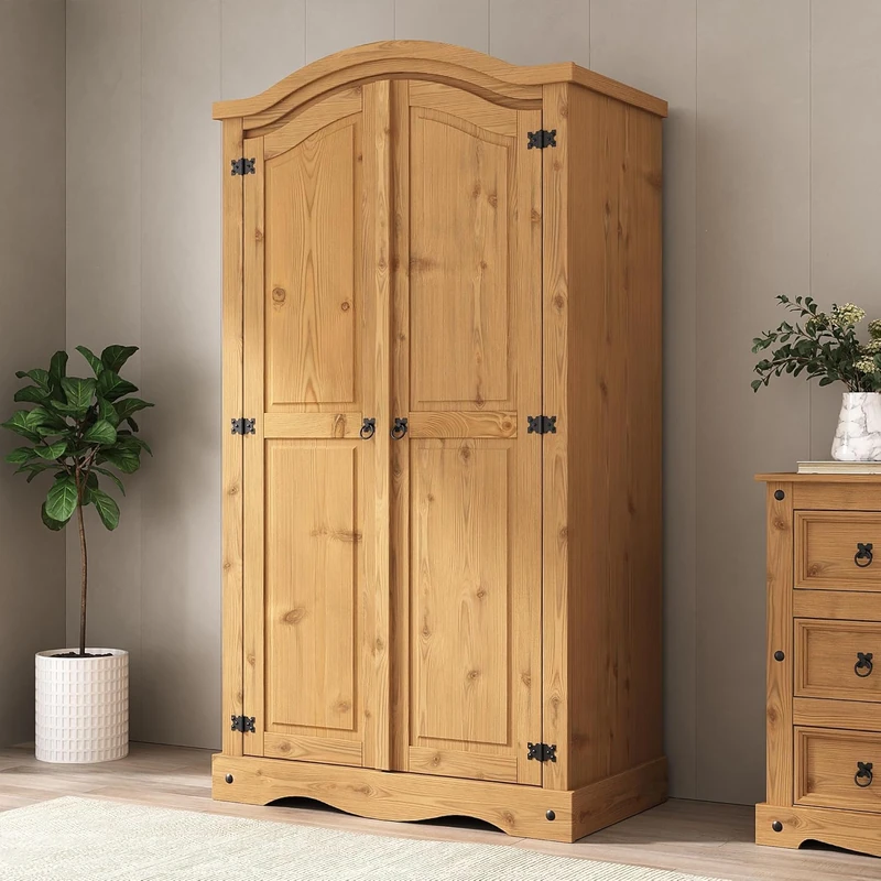 Corona Wardrobe 2 Door with Arched Top Solid Pine Wood with Hanging Rail and Shelf for Bedroom