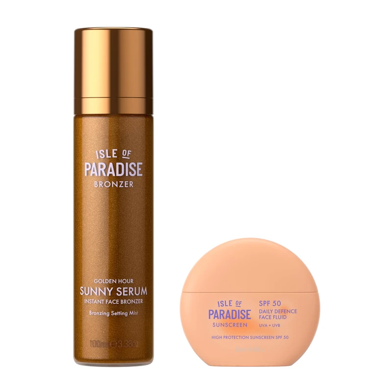 Isle of Paradise Prep & Set Bundle - SPF 50 Daily Defence Face Fluid + Sunny Serum Bronzing Setting Mist