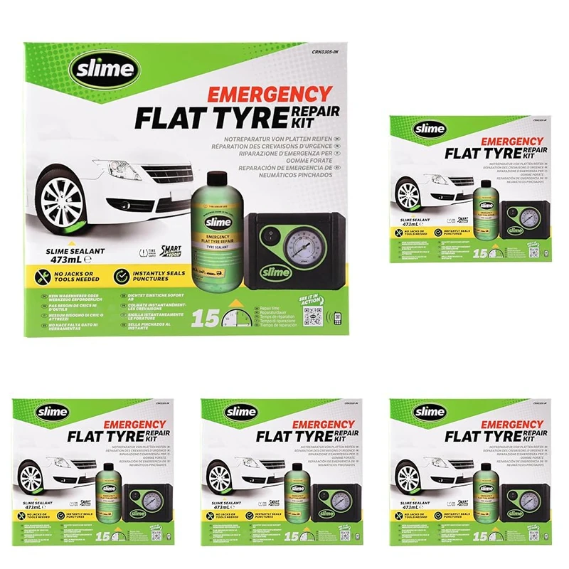 Slime CRK0305-IN Smart Repair Kit, Emergency Flat Tyre Puncture Repair, includes 473mL of Sealant and a Tyre Inflator, suitable for Cars and other Highway Vehicles, 15 Min Fix (Pack of 5)