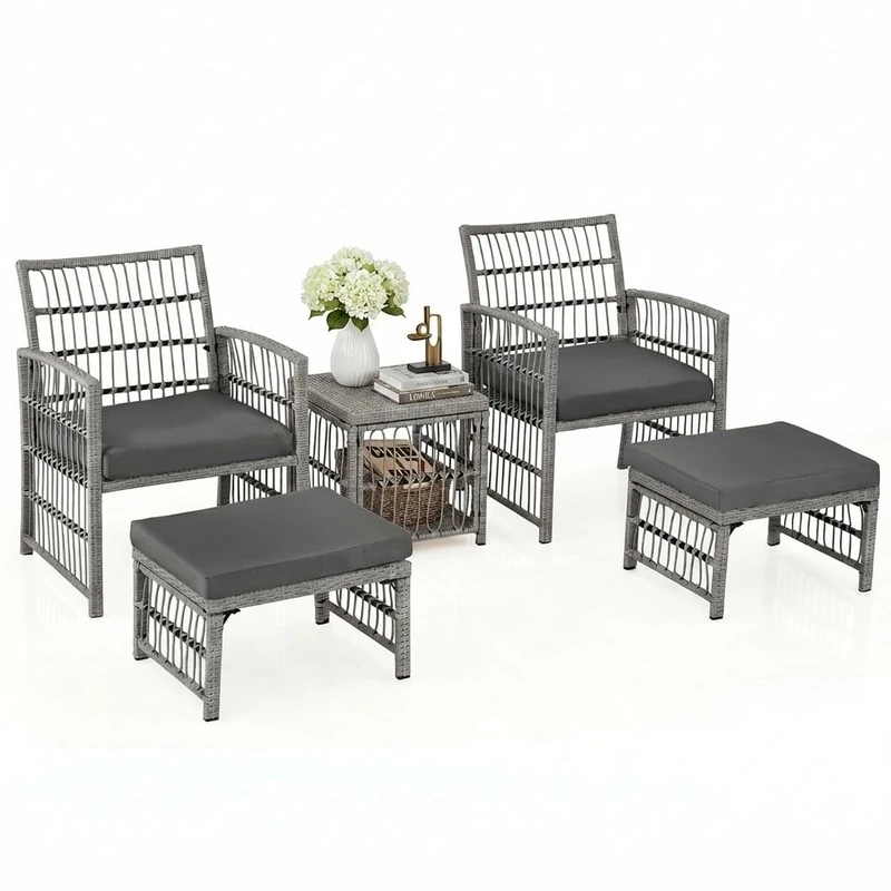 RELAX4LIFE 5 PCS Patio Furniture Set, Rattan Garden Furniture Set with Removable Cushions, Coffee Table & 2 Ottomans, Outdoor Conservatory Sofa Set for Balcony Porch Deck Poolside (Grey)